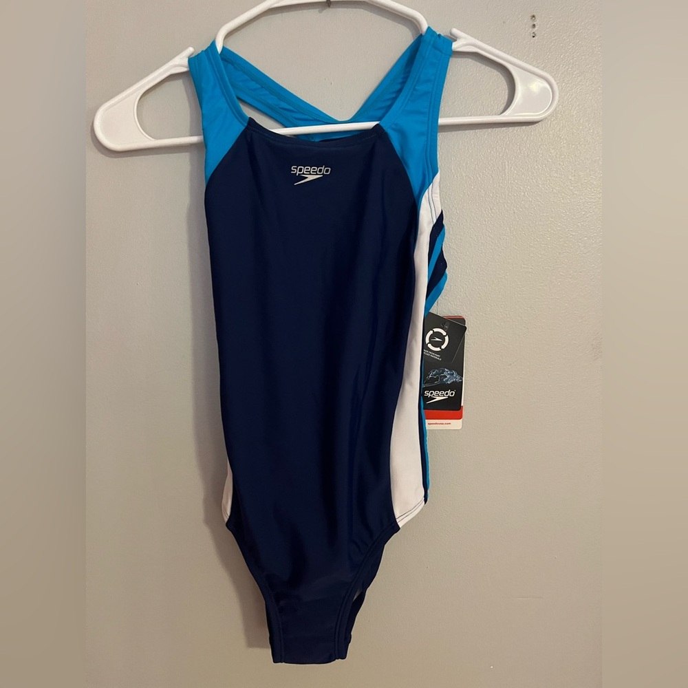 Speedo Girls Navy Blue and Light Blue One-Piece Swimsuit